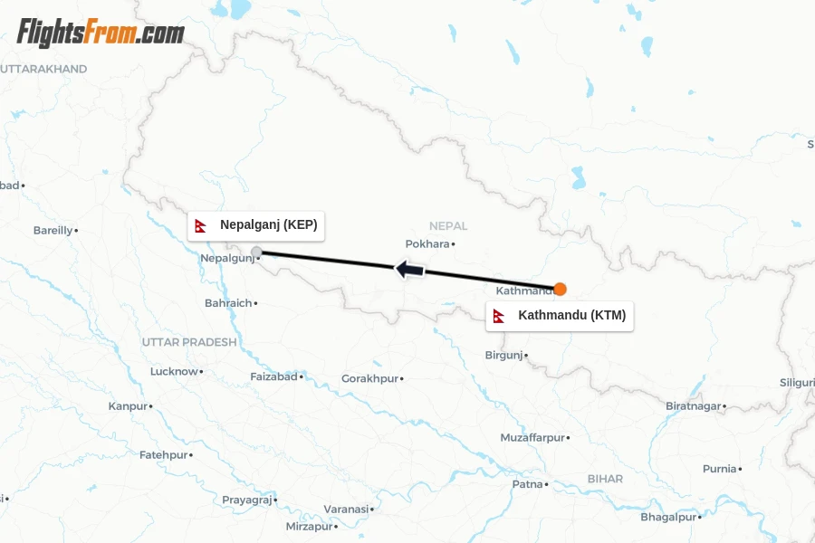 Flights from Kathmandu to Nepalganj route map