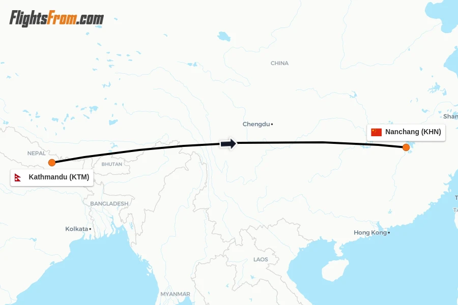Flights from Kathmandu to Nanchang route map
