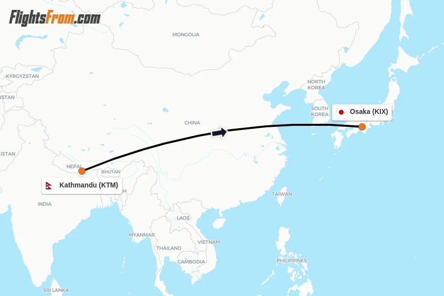 Flights from Kathmandu to Osaka route map