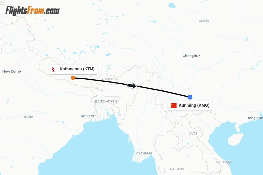 Flights from Kathmandu to Kunming route map