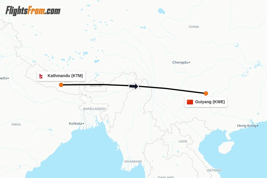 Flights from Kathmandu to Guiyang route map