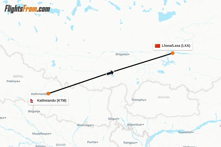 Flights from Kathmandu to Lhasa/Lasa route map