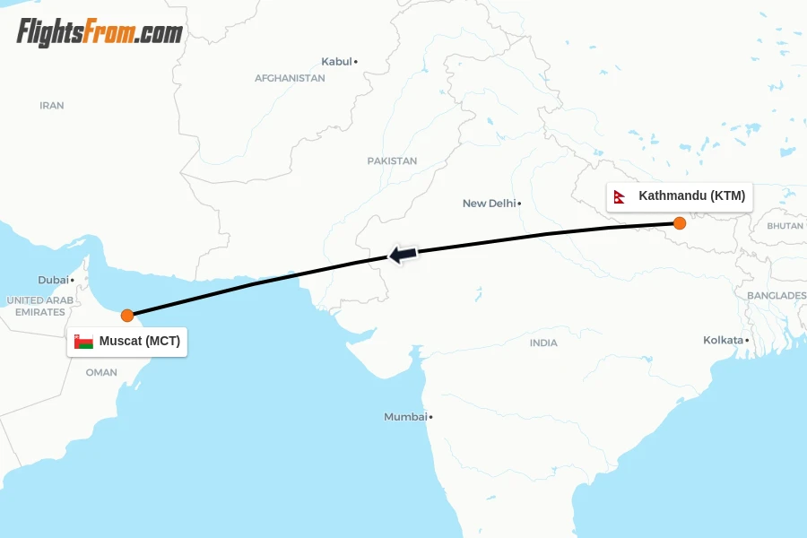 Flights from Kathmandu to Muscat route map