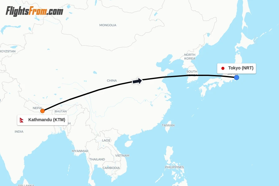 Flights from Kathmandu to Tokyo route map