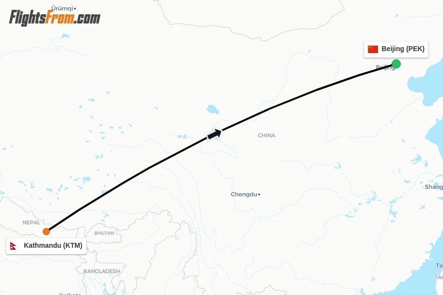 Flights from Kathmandu to Beijing route map