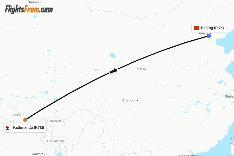 Flights from Kathmandu to Beijing route map