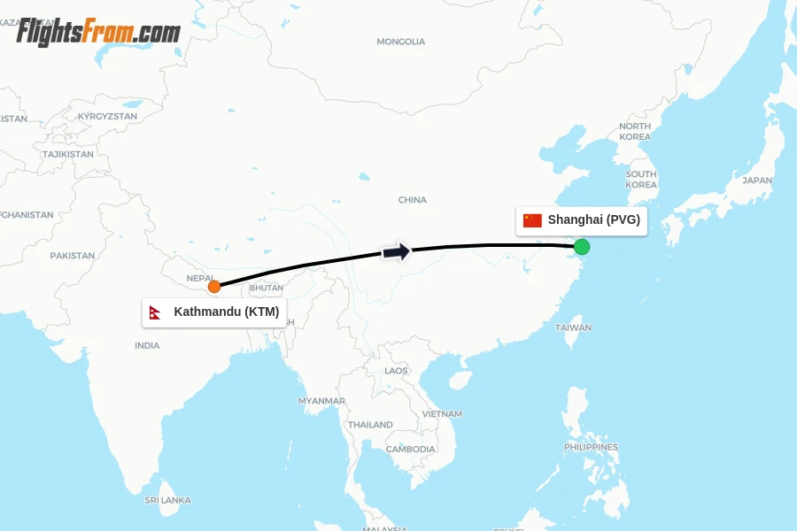 Flights from Kathmandu to Shanghai route map