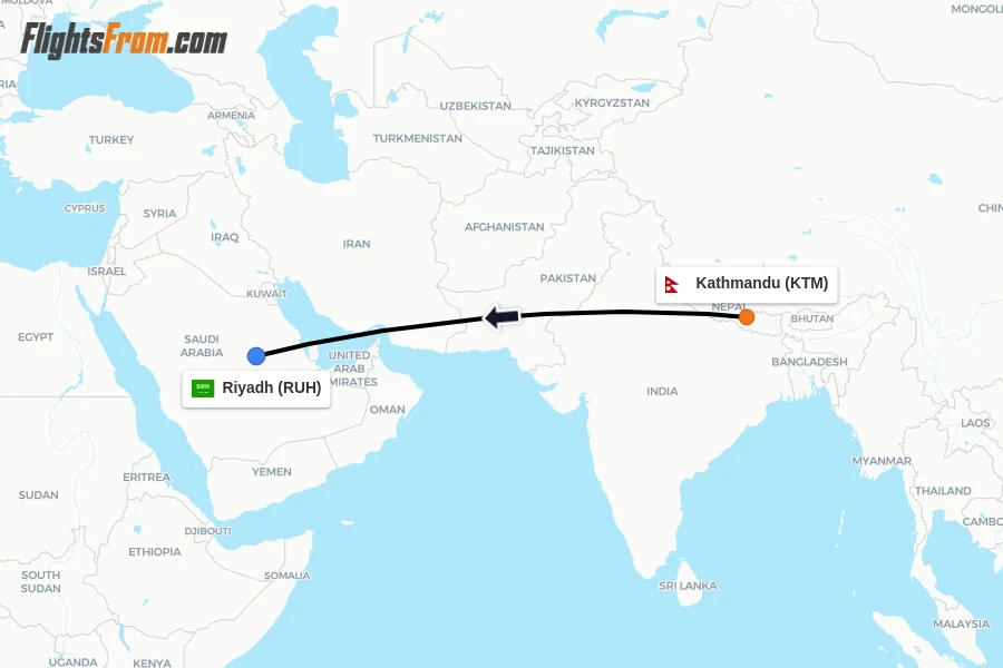 Flights from Kathmandu to Riyadh route map