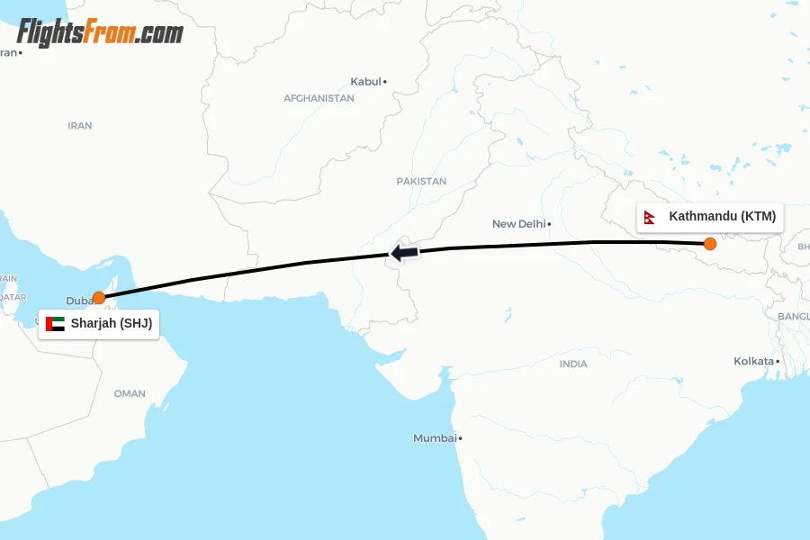 Flights from Kathmandu to Sharjah route map