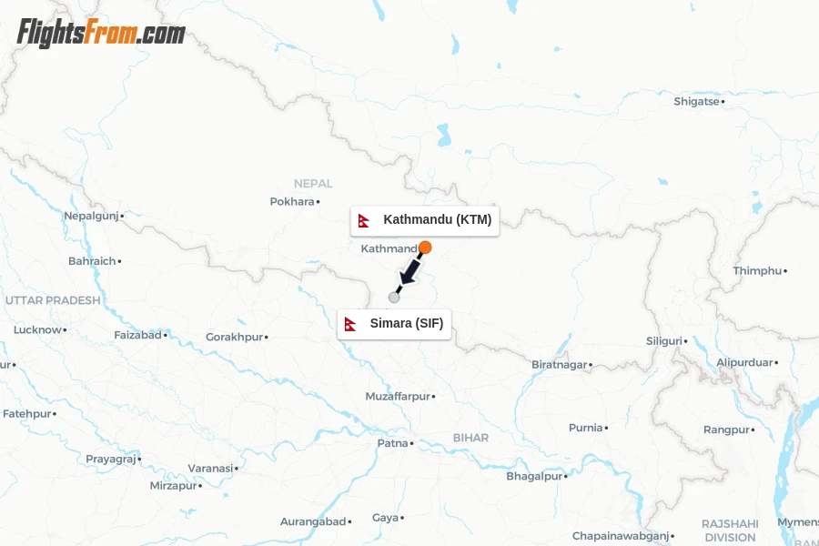 Flights from Kathmandu to Simara route map