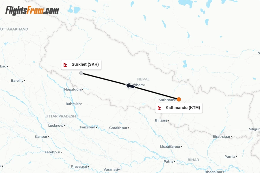 Flights from Kathmandu to Surkhet route map