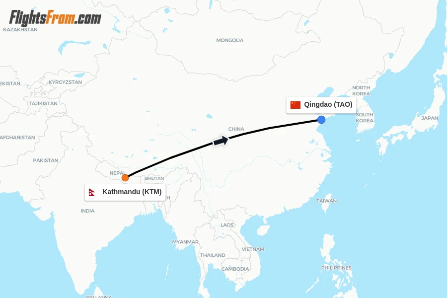 Flights from Kathmandu to Qingdao route map