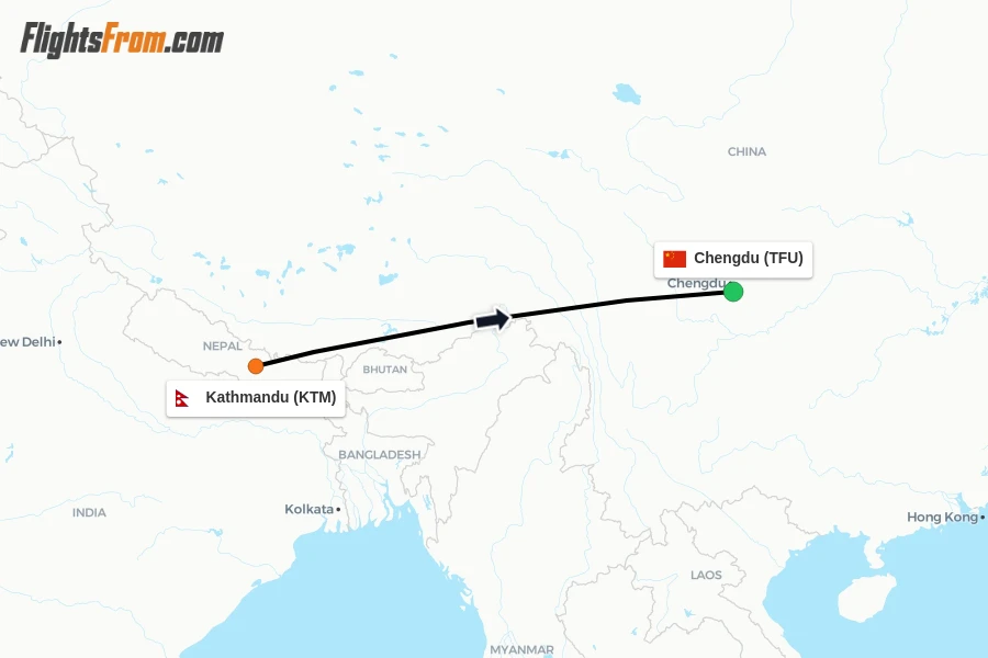 Flights from Kathmandu to Chengdu route map