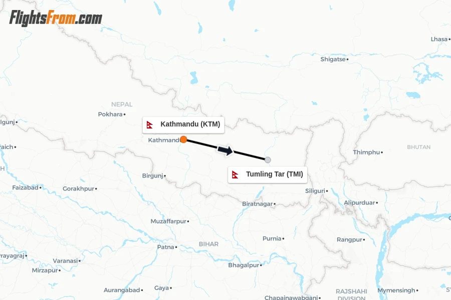 Flights from Kathmandu to Tumling Tar route map