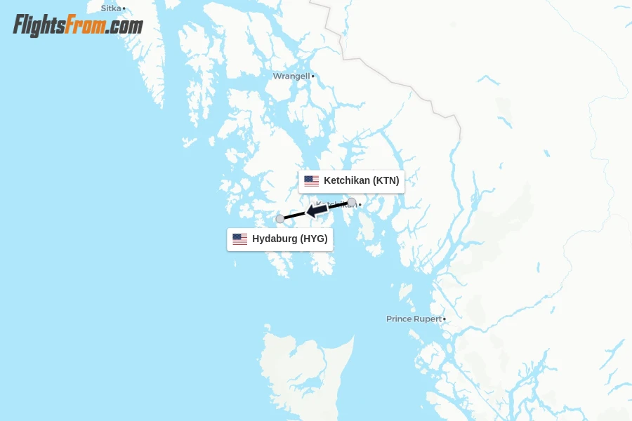 Flights from Ketchikan to Hydaburg route map