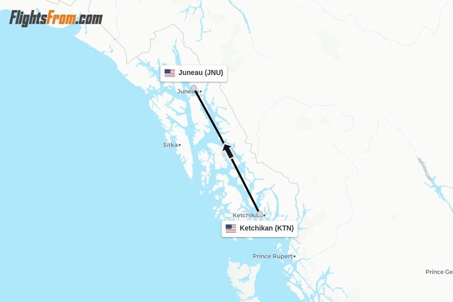 Flights from Ketchikan to Juneau route map