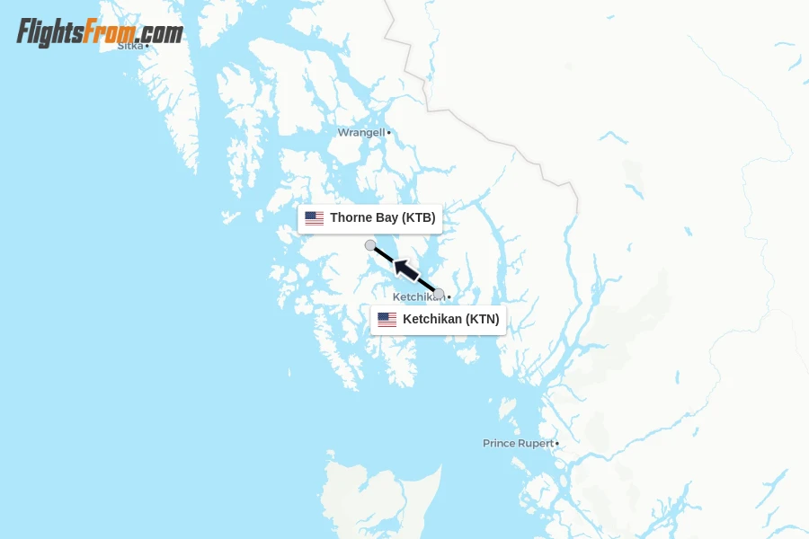 Flights from Ketchikan to Thorne Bay route map