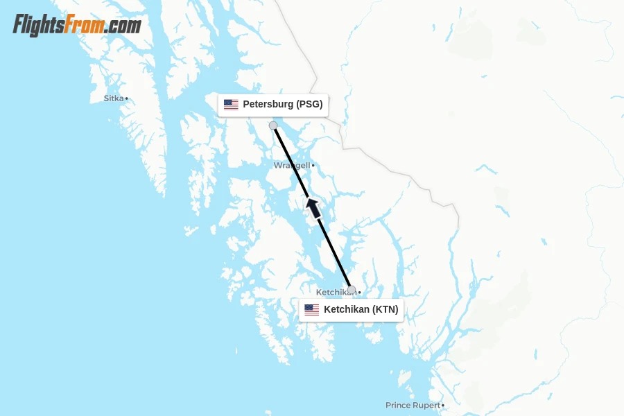 Flights from Ketchikan to Petersburg route map