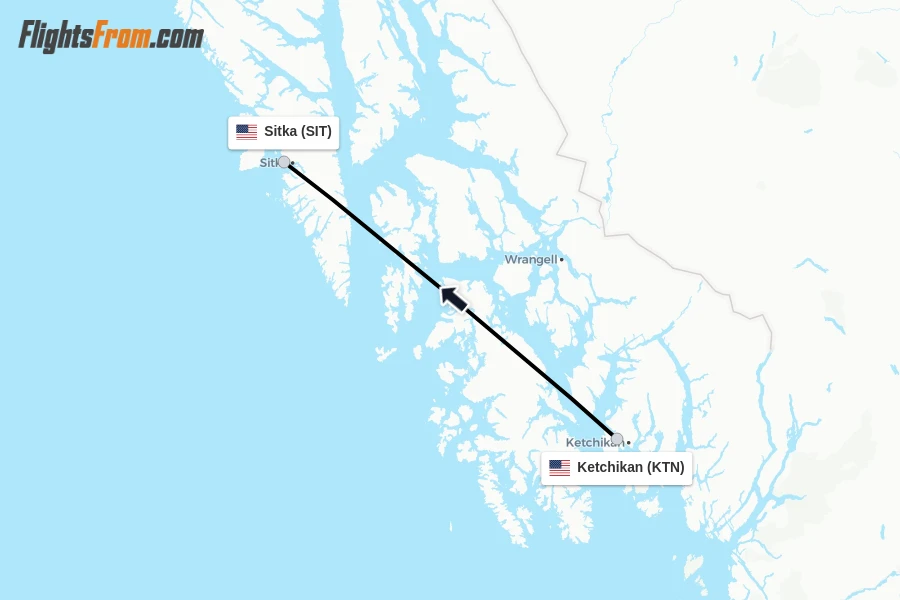 Flights from Ketchikan to Sitka route map