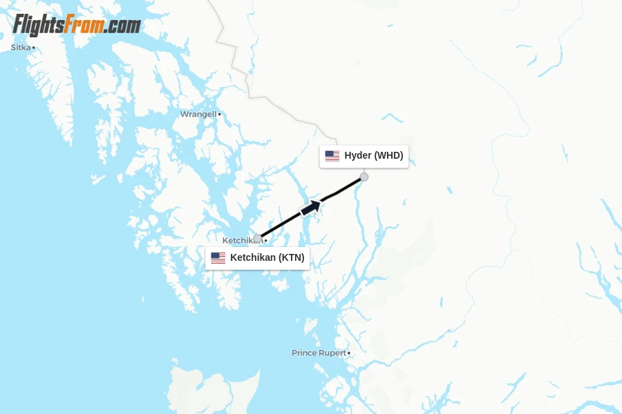 Flights from Ketchikan to Hyder route map