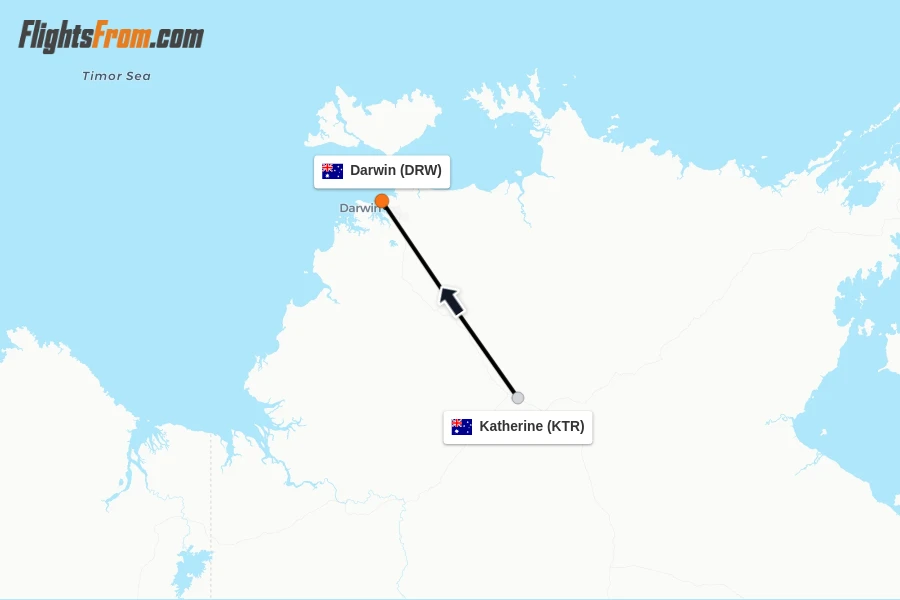 Flights from Katherine to Darwin route map