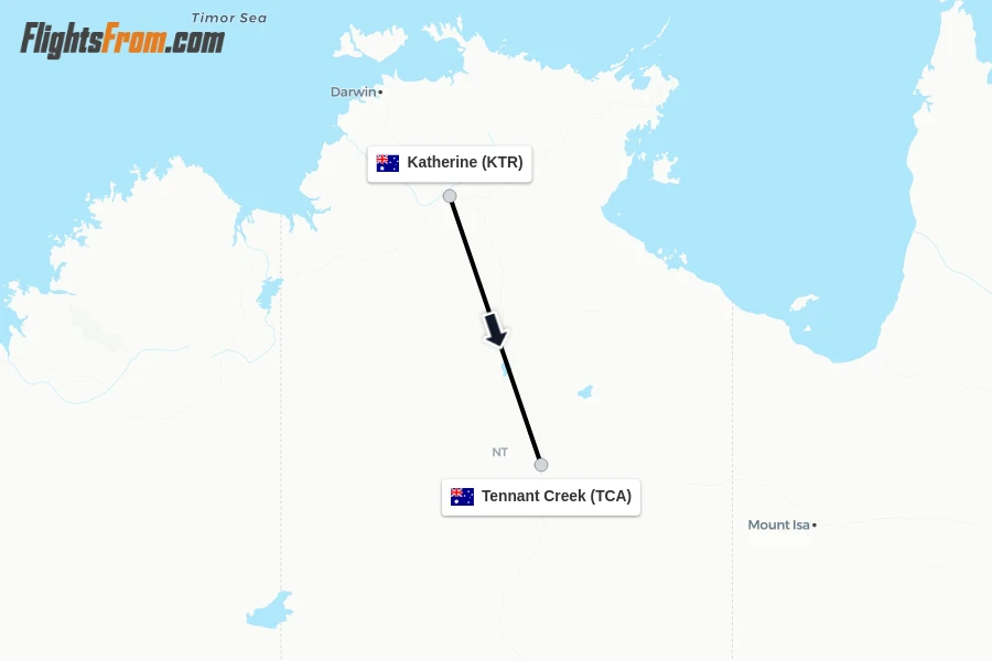 Flights from Katherine to Tennant Creek route map