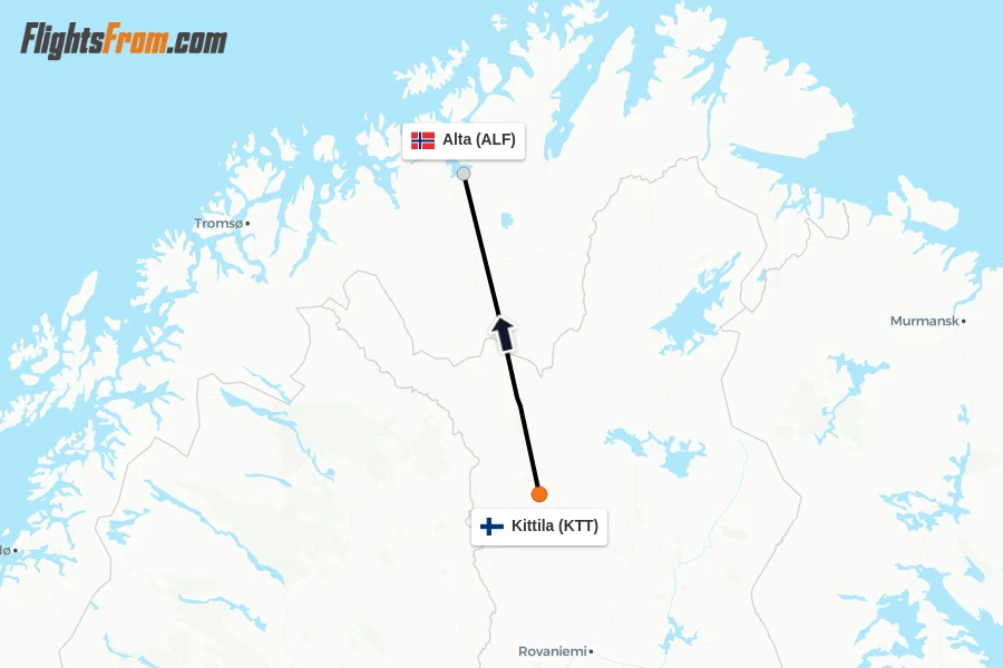 Flights from Kittila to Alta route map