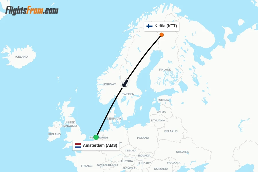 Flights from Kittila to Amsterdam route map