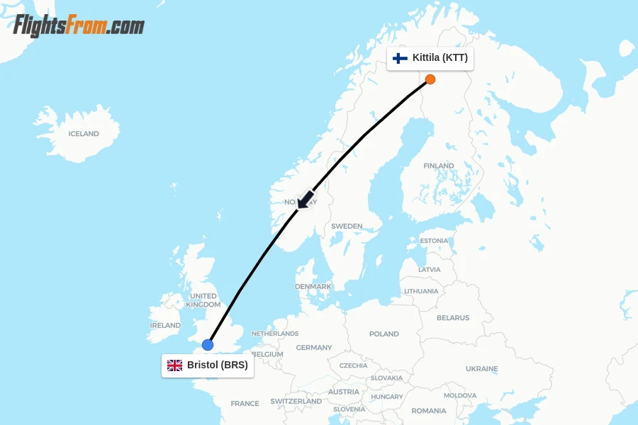 Flights from Kittila to Bristol route map
