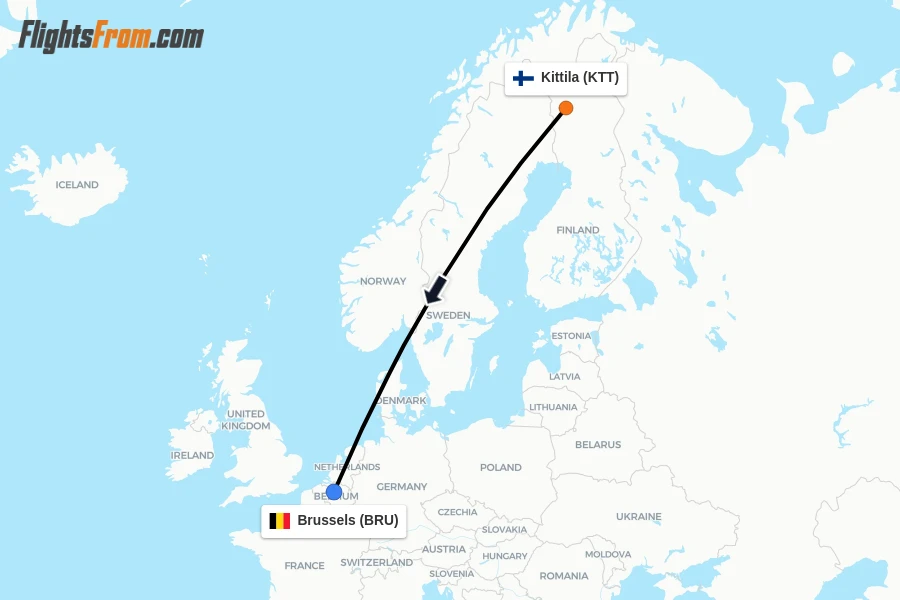 Flights from Kittila to Brussels route map