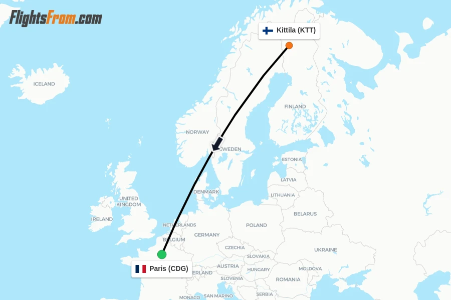 Flights from Kittila to Paris route map