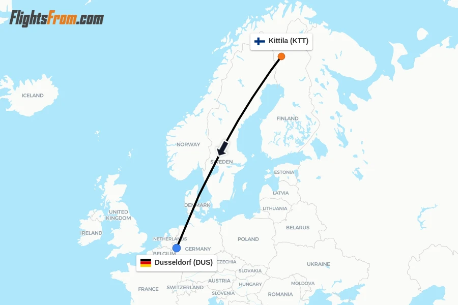 Flights from Kittila to Dusseldorf route map