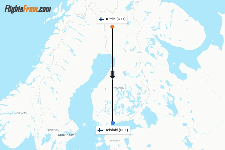 Flights from Kittila to Helsinki route map