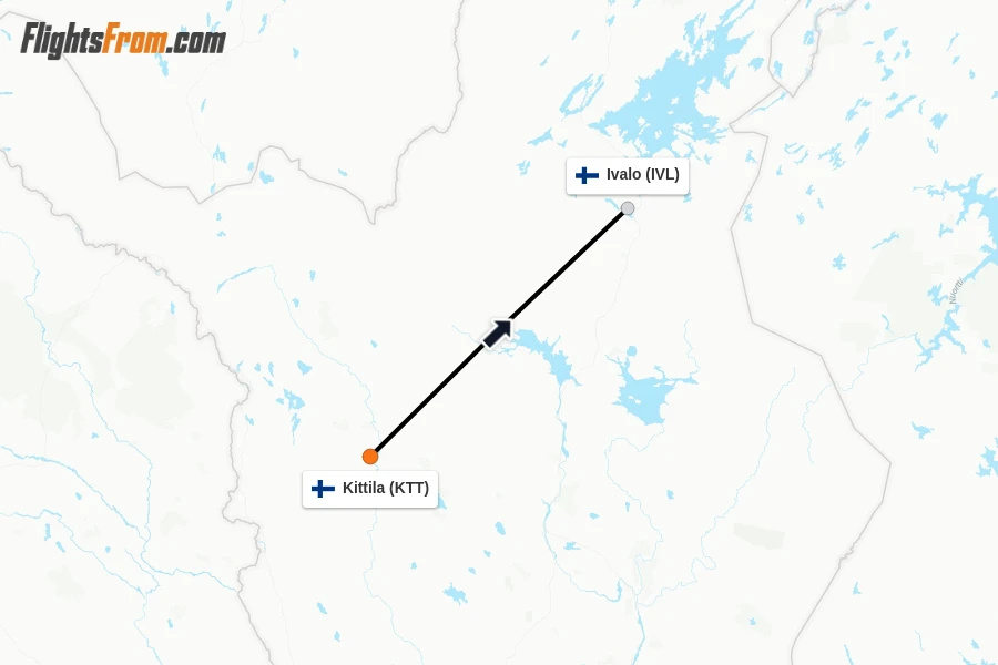 Flights from Kittila to Ivalo route map