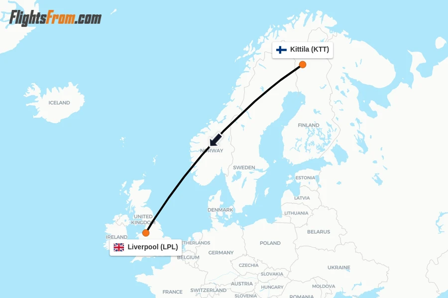 Flights from Kittila to Liverpool route map