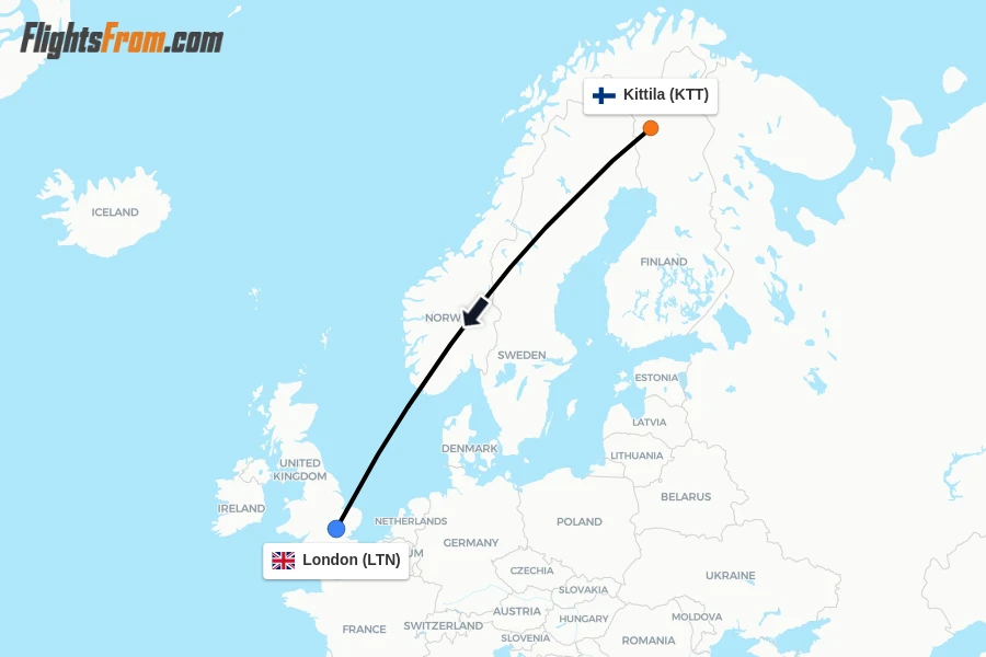 Flights from Kittila to London route map