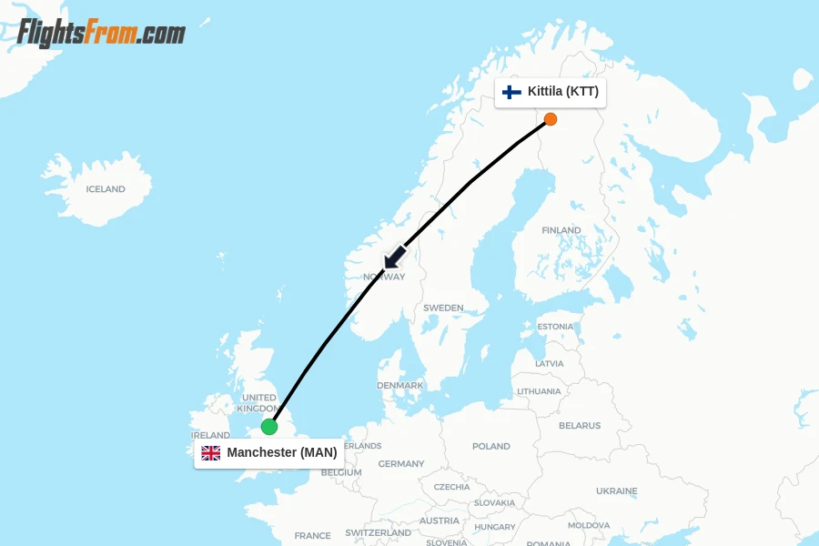 Flights from Kittila to Manchester route map