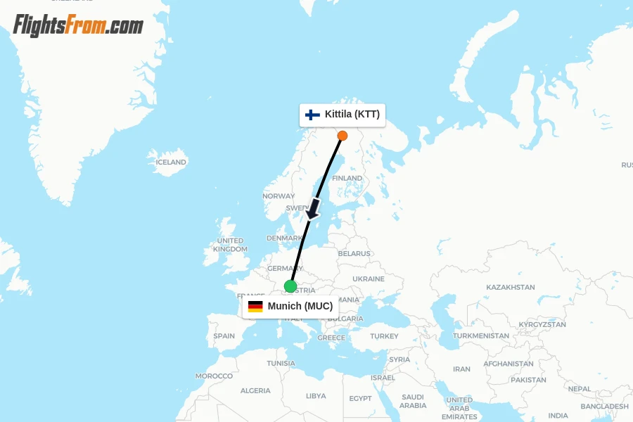 Flights from Kittila to Munich route map
