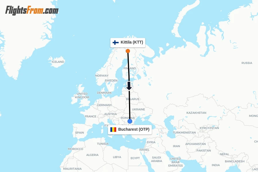 Flights from Kittila to Bucharest route map