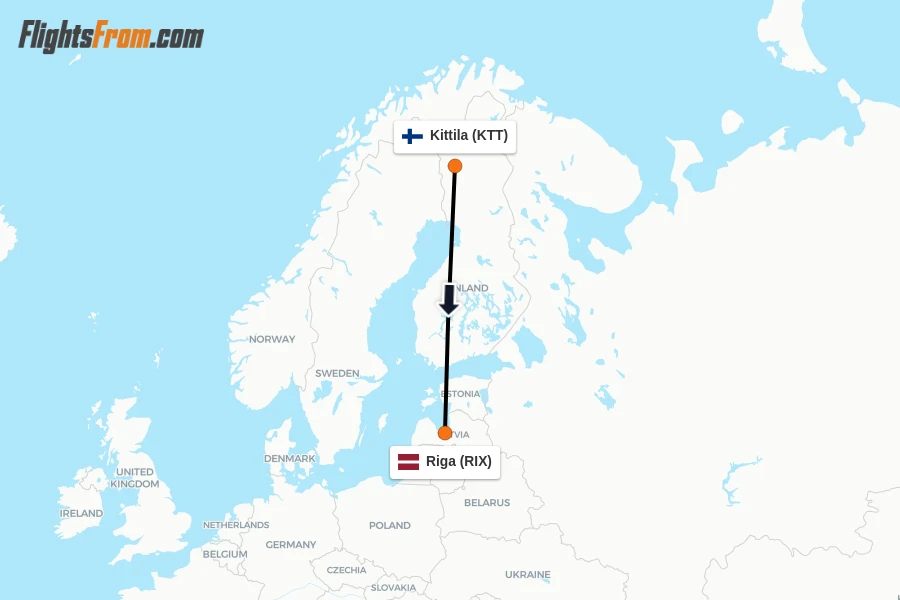 Flights from Kittila to Riga route map
