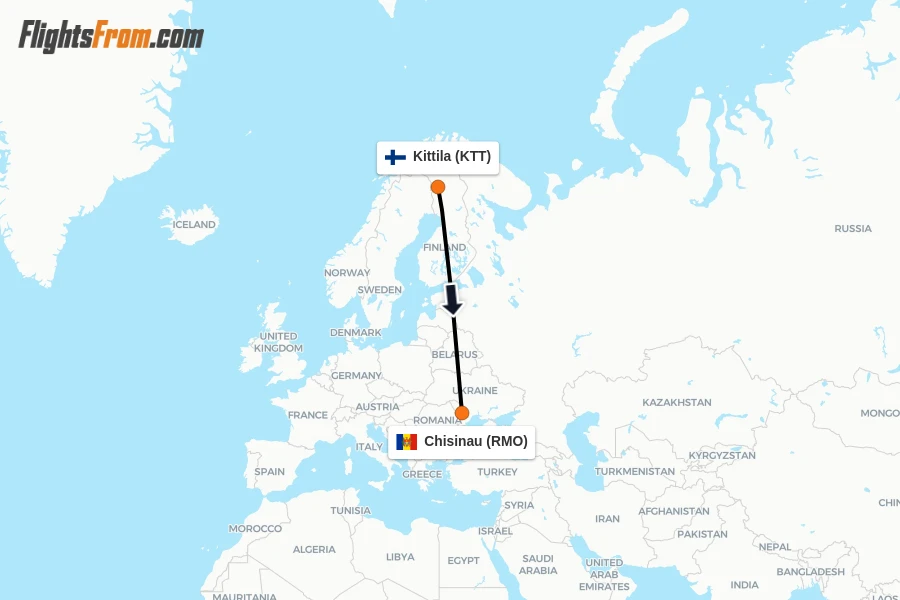 Flights from Kittila to Chisinau route map