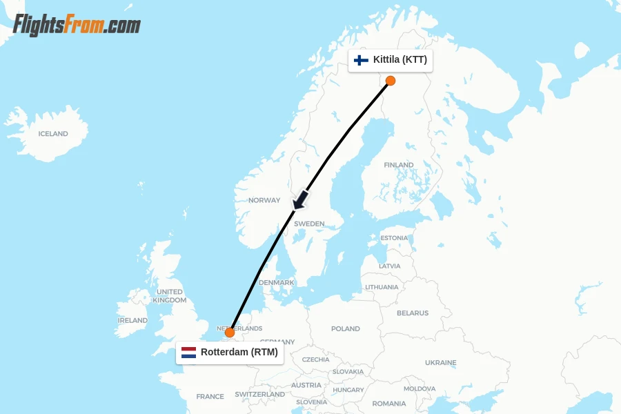 Flights from Kittila to Rotterdam route map