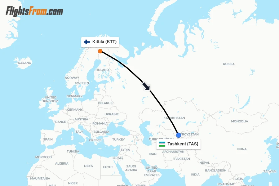 Flights from Kittila to Tashkent route map