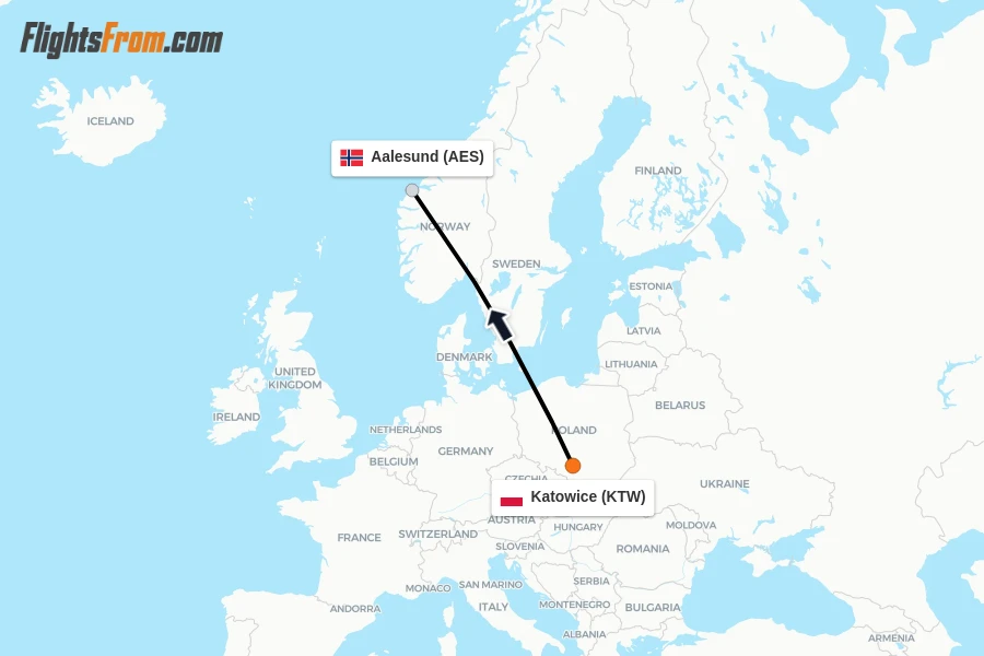Flights from Katowice to Aalesund route map