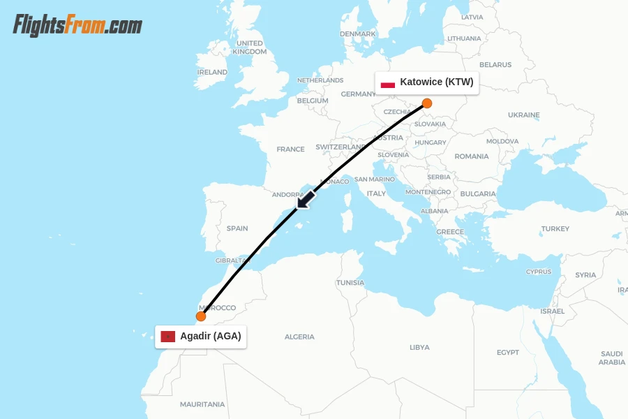 Flights from Katowice to Agadir route map