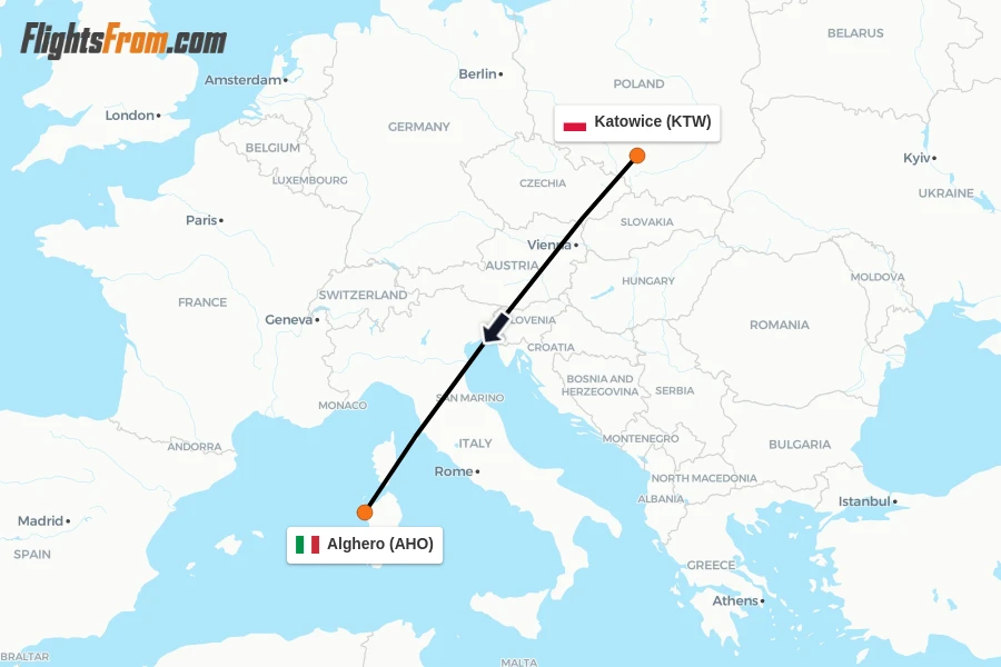 Flights from Katowice to Alghero route map