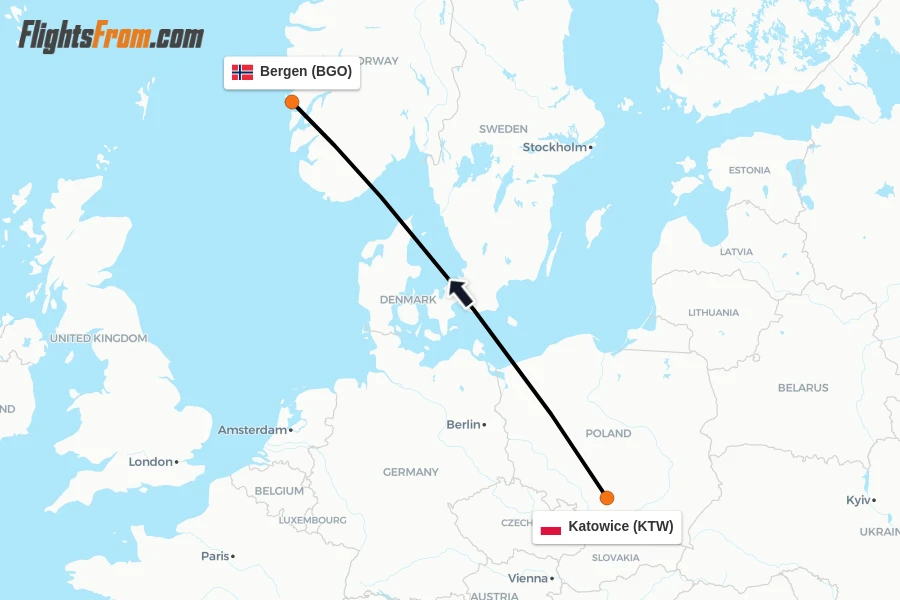 Flights from Katowice to Bergen route map