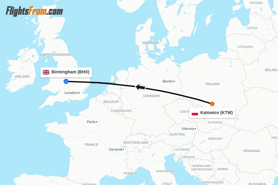 Flights from Katowice to Birmingham route map