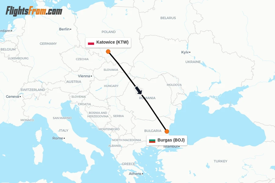 Flights from Katowice to Burgas route map