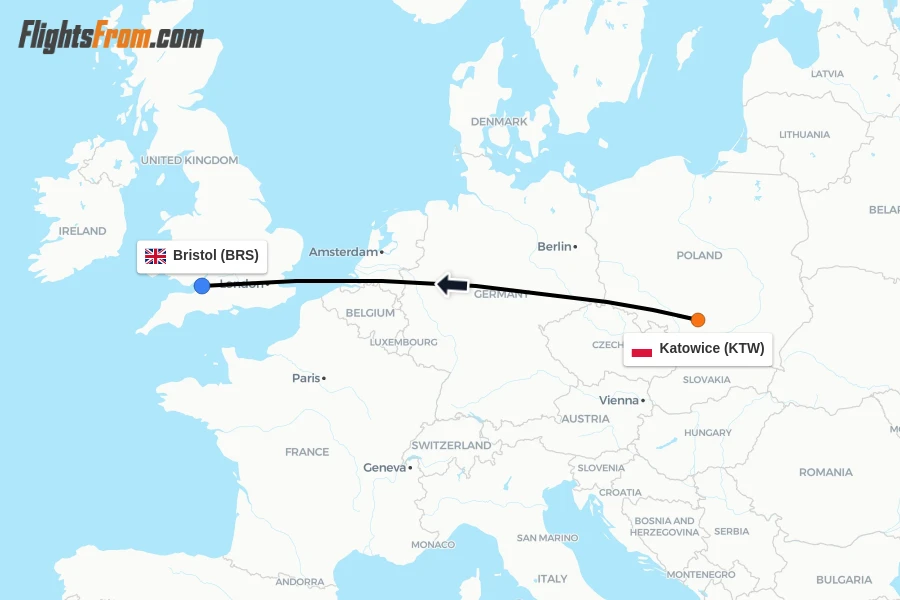 Flights from Katowice to Bristol route map
